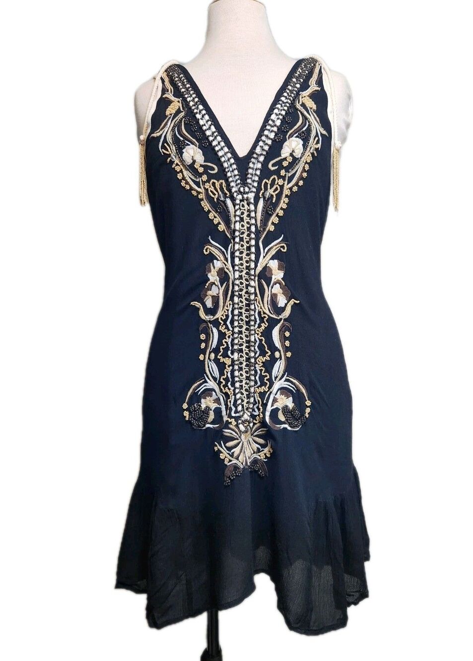 Free People "Crazy For Love" Beaded Embroidered Mini Dress Womens S Boho Deep V